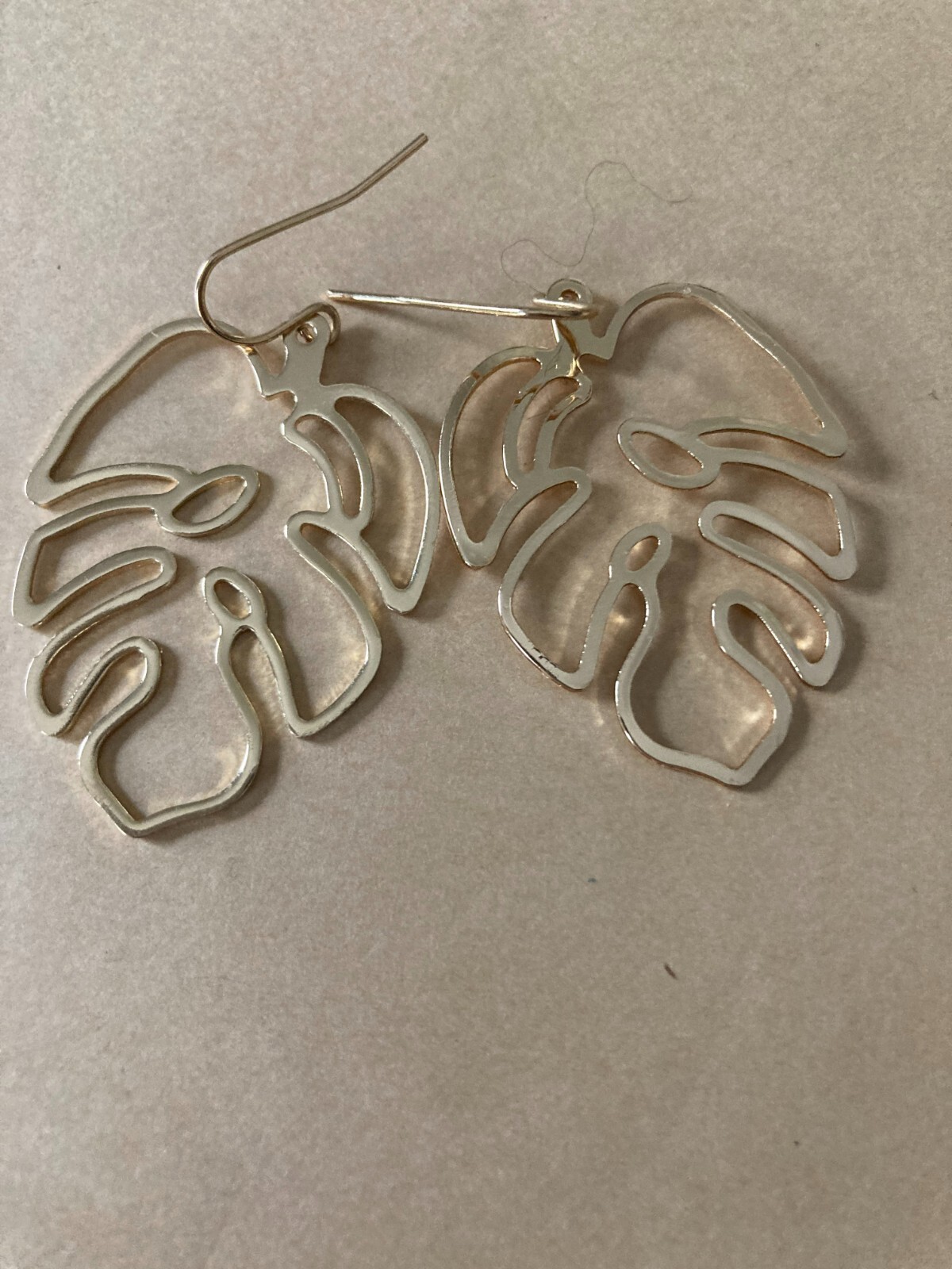 Earrings Gold Tone Monstera Leaves Dangle off Hooks 1.75 inch