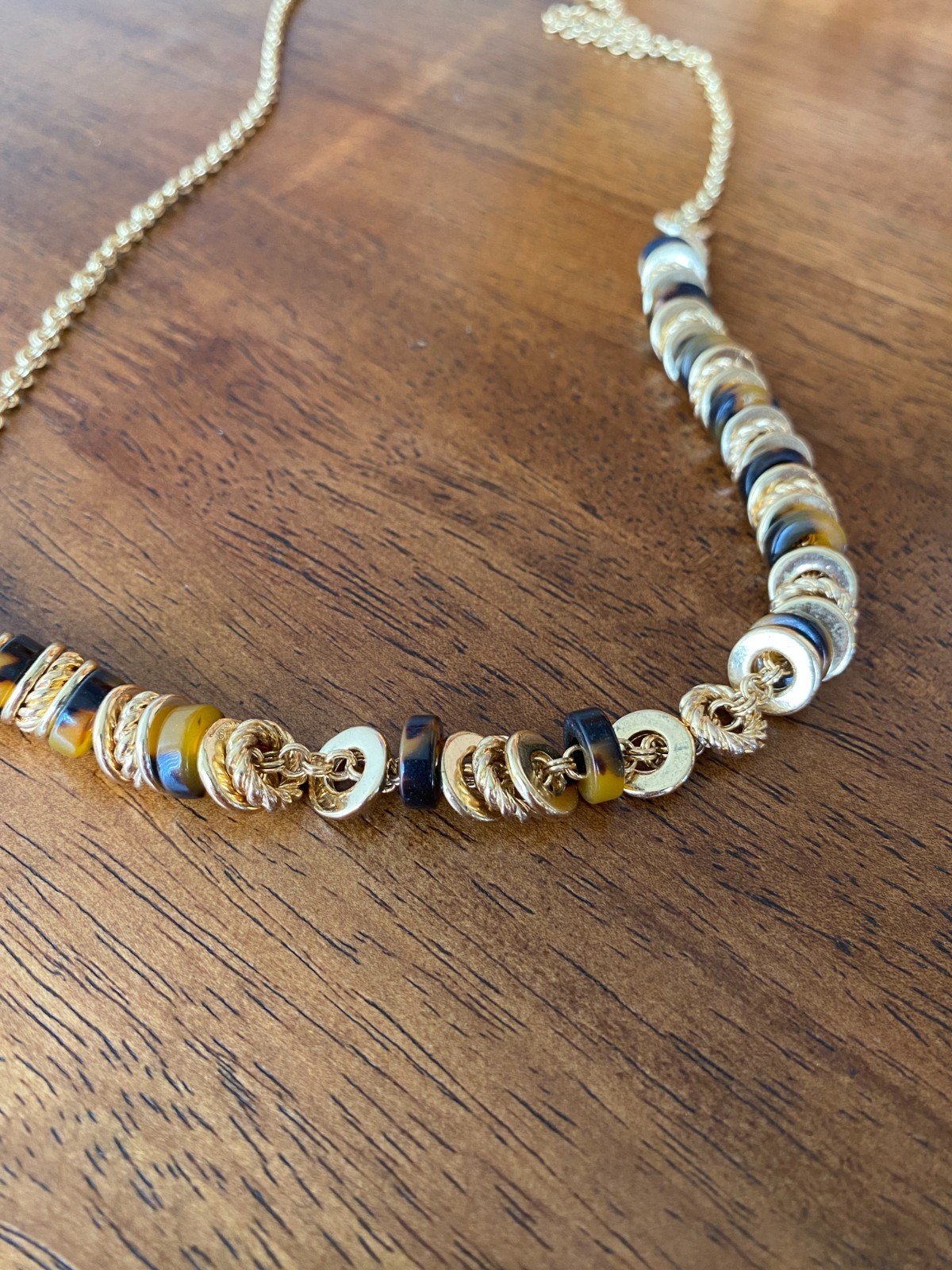 Talbots Tortoise Disc Necklace Gold Tone Rolo Link Chain Smooth & Rope Beads