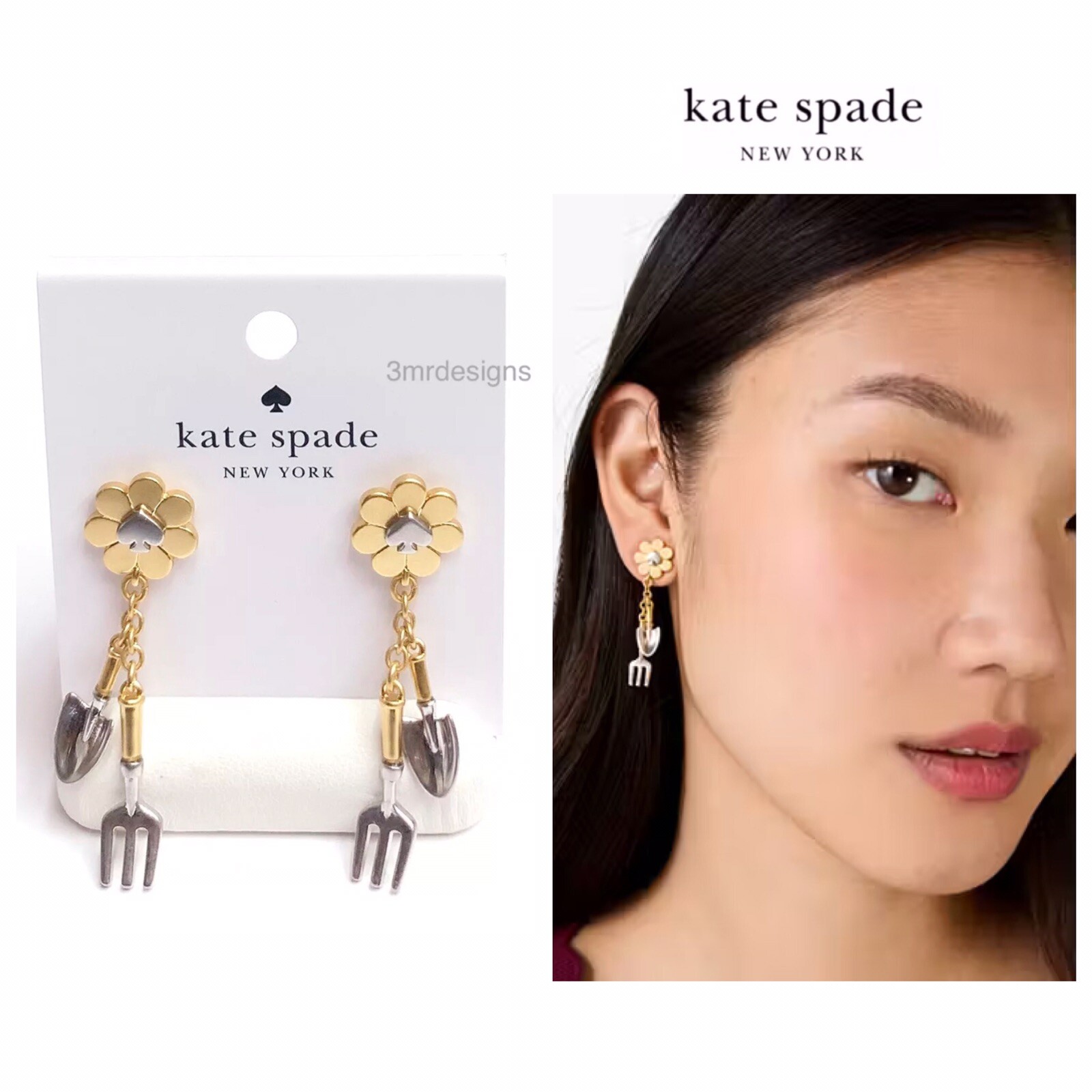 NWT Kate Spade GARDEN GLAM TOOLS 12-K Matte Gold/Silver Plated Drop Earrings