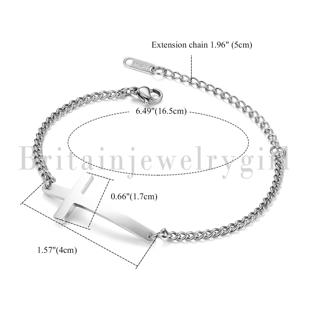 Stainless Steel Polished Cross Chain Cuff Bracelet for Women Girls Fit 6.5″-8.5″