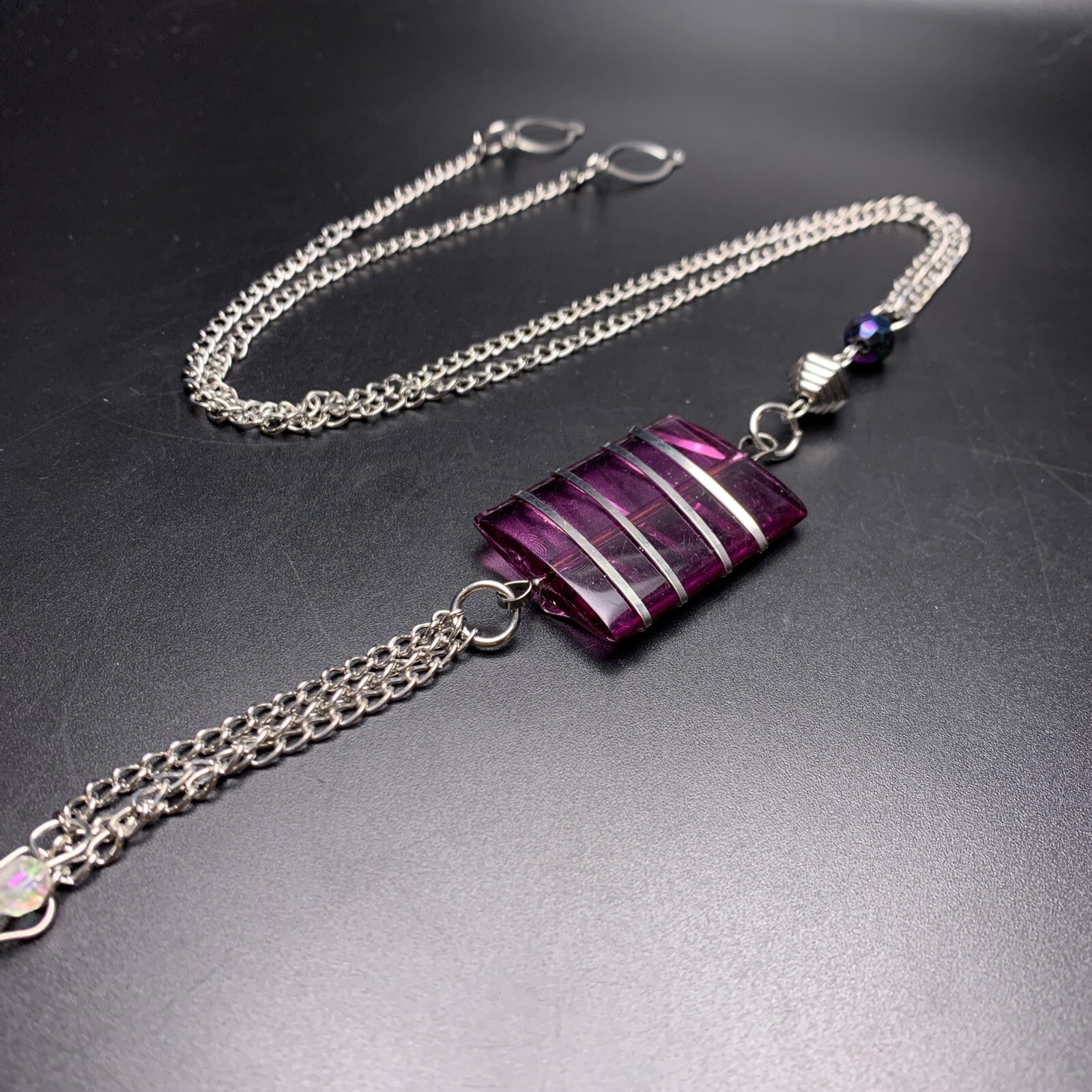 Long Collar Button Hook Sweater Blouse Necklace Silver Tone Tassel Boho Purple