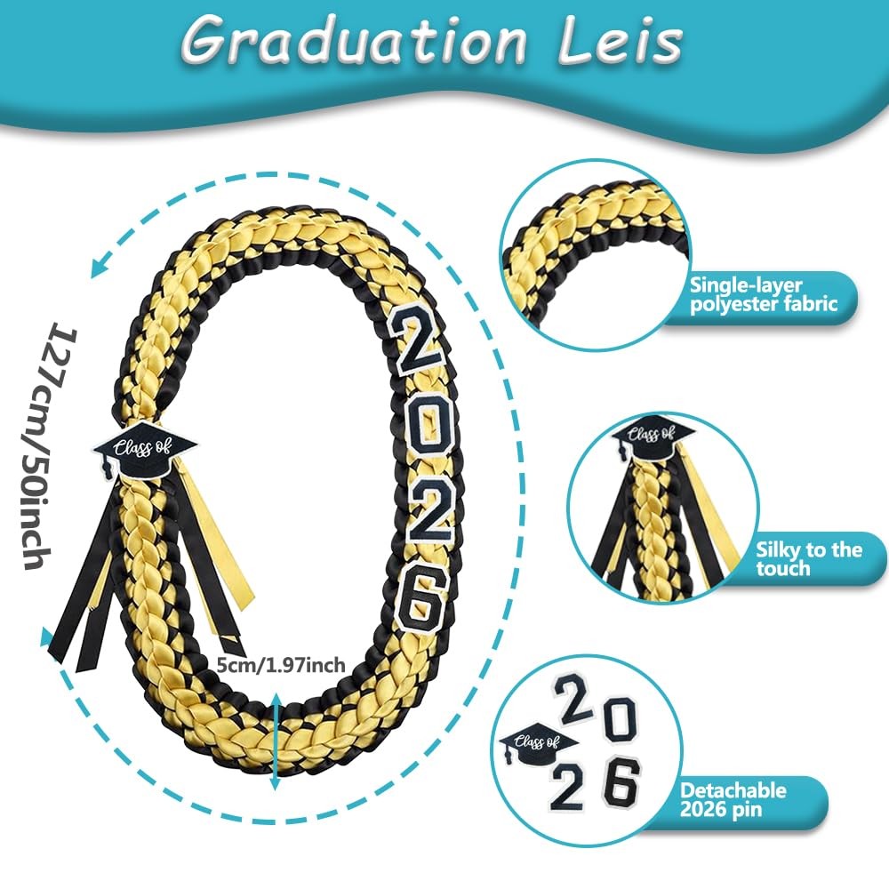 2026 Graduation Honor Ribbon Leis Class Gift Braided for Men Women Black Gold