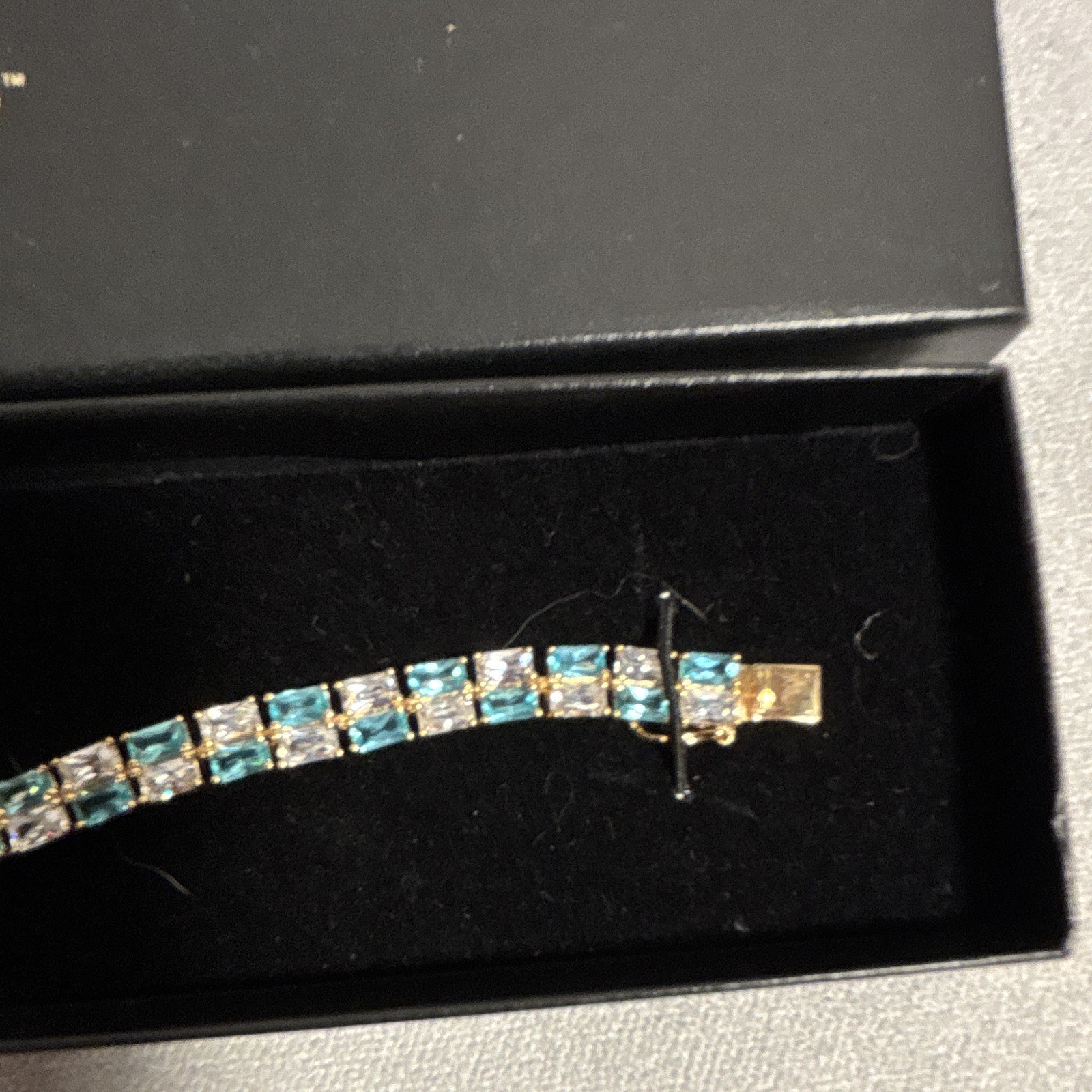 Technibond Classic Gold Bonded Tennis Bracelet Blue Square Stones Signed