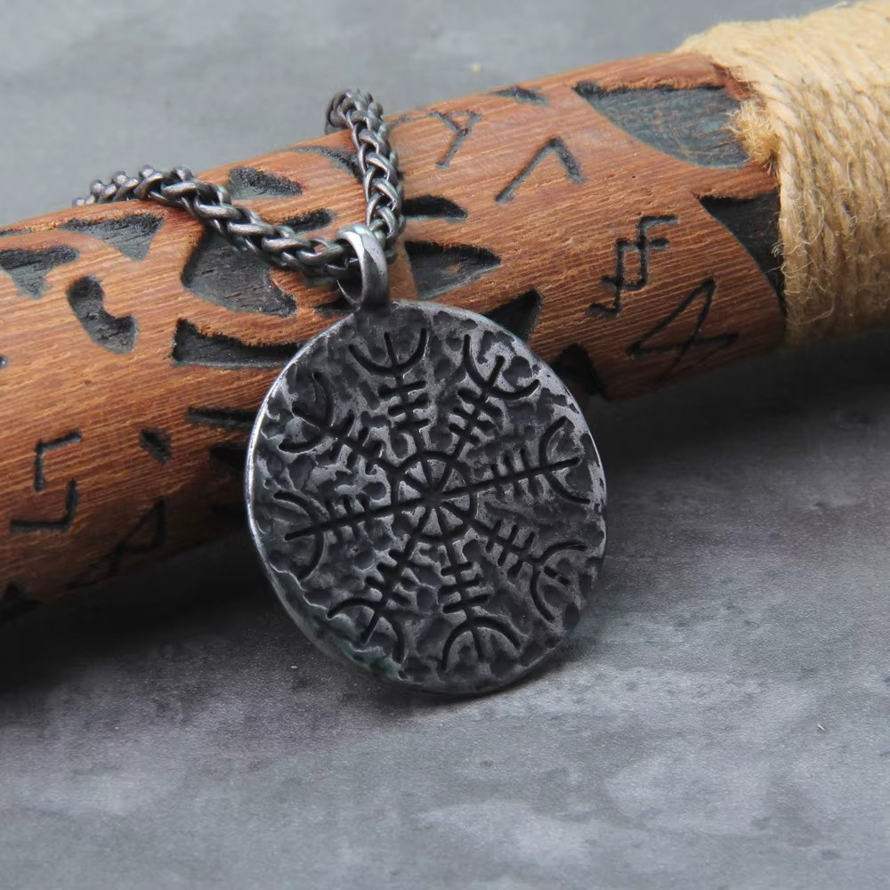 Viking Vegvisir Rune Pendant Necklace Stainless Steel Norse Compass Amulet