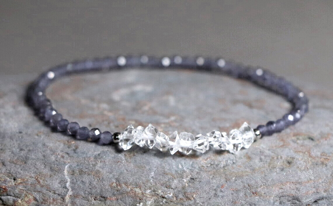 A+ Genuine Iolite+Herkimer Diamond Quartz Dainty Gemstone Beaded Bracelet 7″.