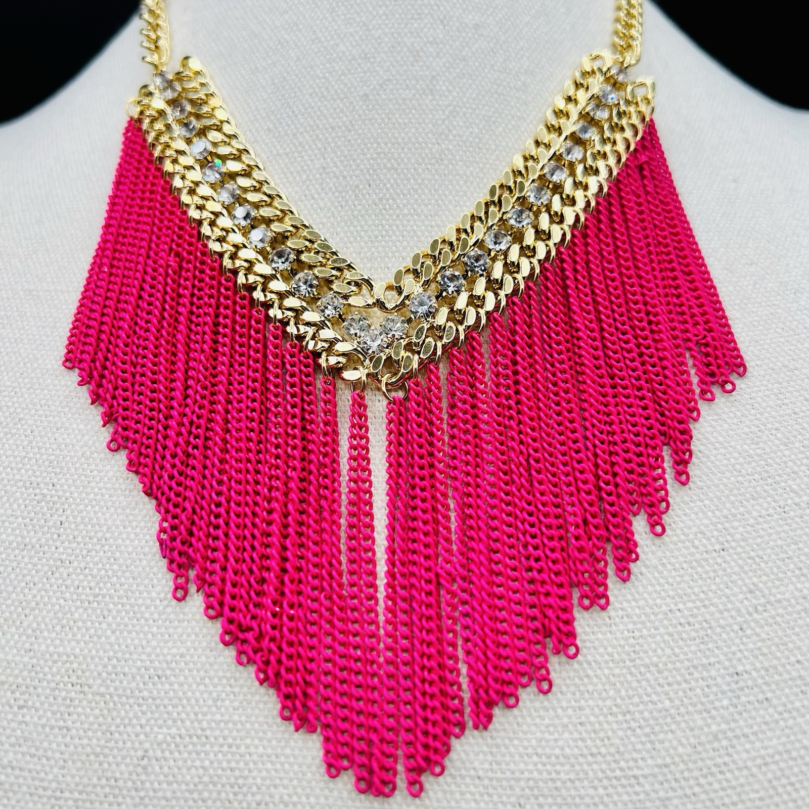 ABS Allen Schwartz Pink Fringe Statement Necklace Gold Tone Rhinestone Bib Bold