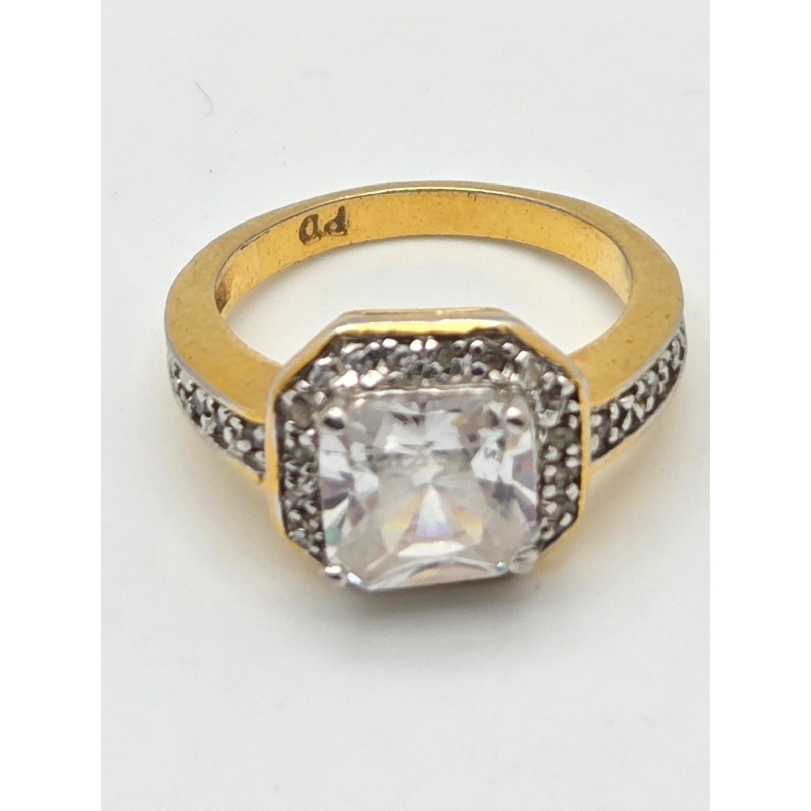 American Diamond Two-Tone Cushion Cut CZ Halo Ring – 6