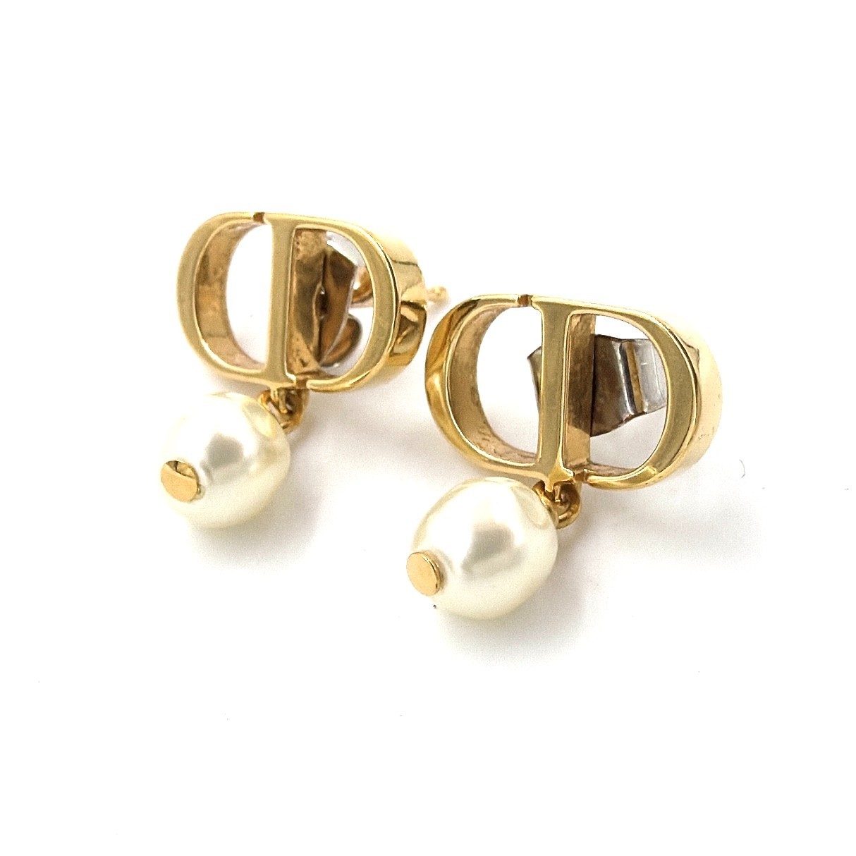 Dior Petit CD Logo Faux Pearl Drop Pierced Earrings Gold Tone France Auth