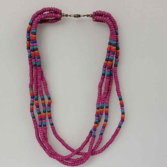 Multicolor Beaded Multi-Strand Statement Necklace Lot Wood Plastic Barrel Clasp