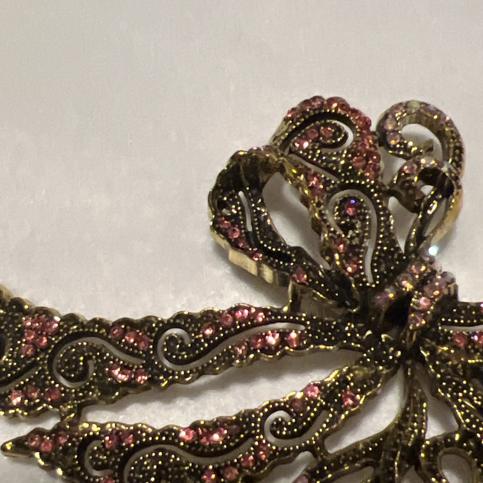 Pink Antique Gold Metal Bow Brooch Pink Rhinestones