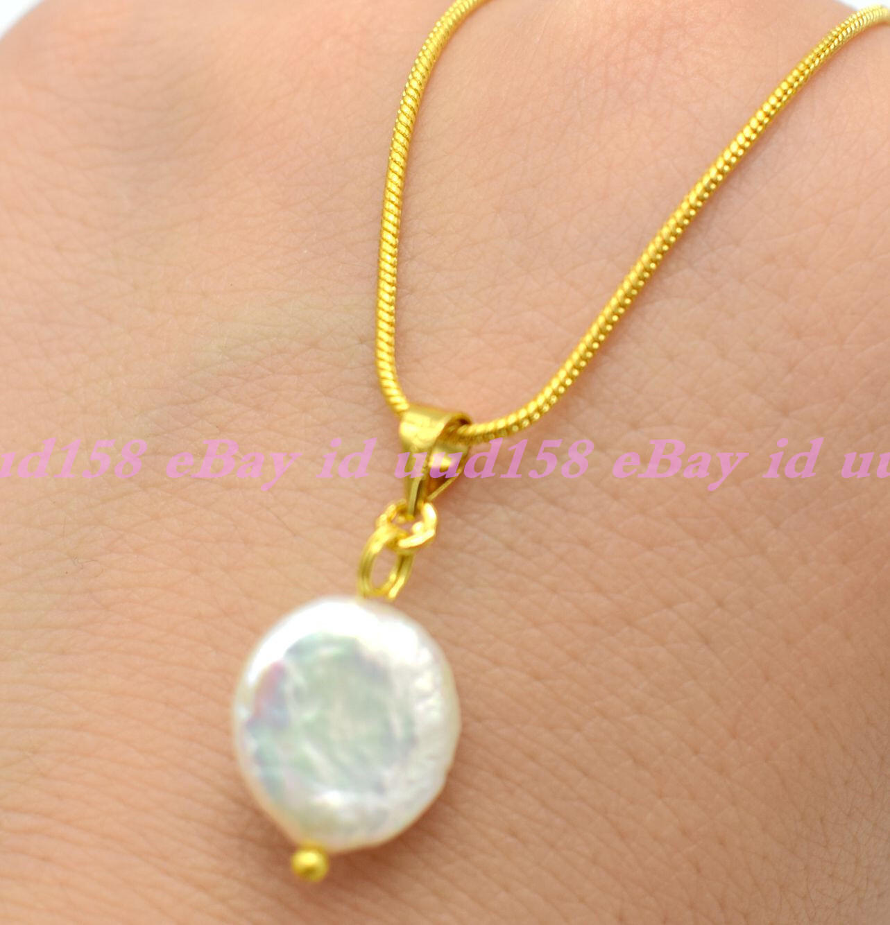 Freshwater 12-13mm Baroque Coin Pearl Pendant Necklace Jewelry Flawless Chain