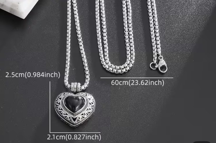 Silver Plated Black Heart Charm Pendant Curb Chain Necklace Lobster 23.62 in