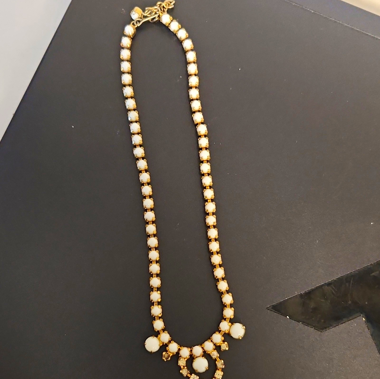 Vintage Gold Tone White Glass Round Prong Set Rhinestone Choker