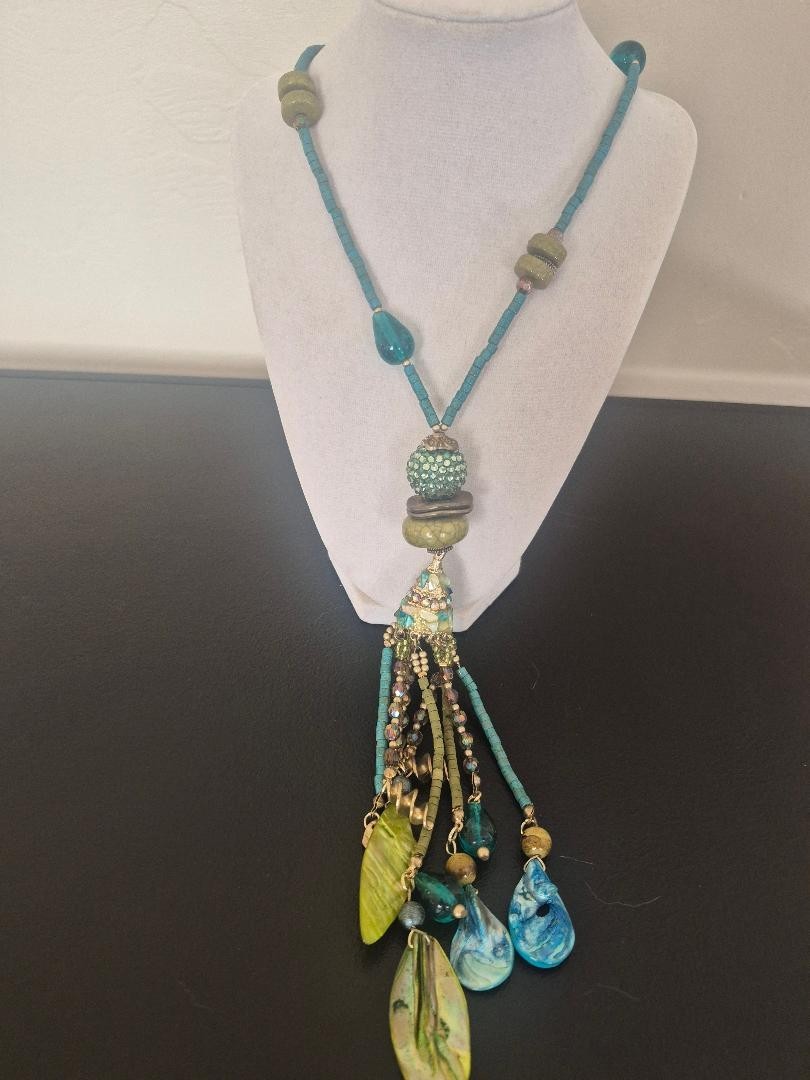 Zevar By Treska 22″ Long Boho Necklace Teal/Green/gold accents