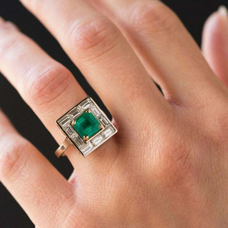 Claw Set Square 1.62CT Emerald Surrounded By Ten Baguette Cut 1.96CT CZ Ring