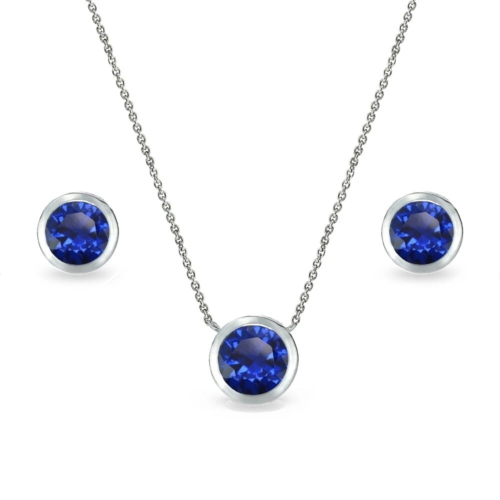 925 Silver Created Blue Sapphire 7mm Round Bezel-Set Necklace & Stud Earring Set
