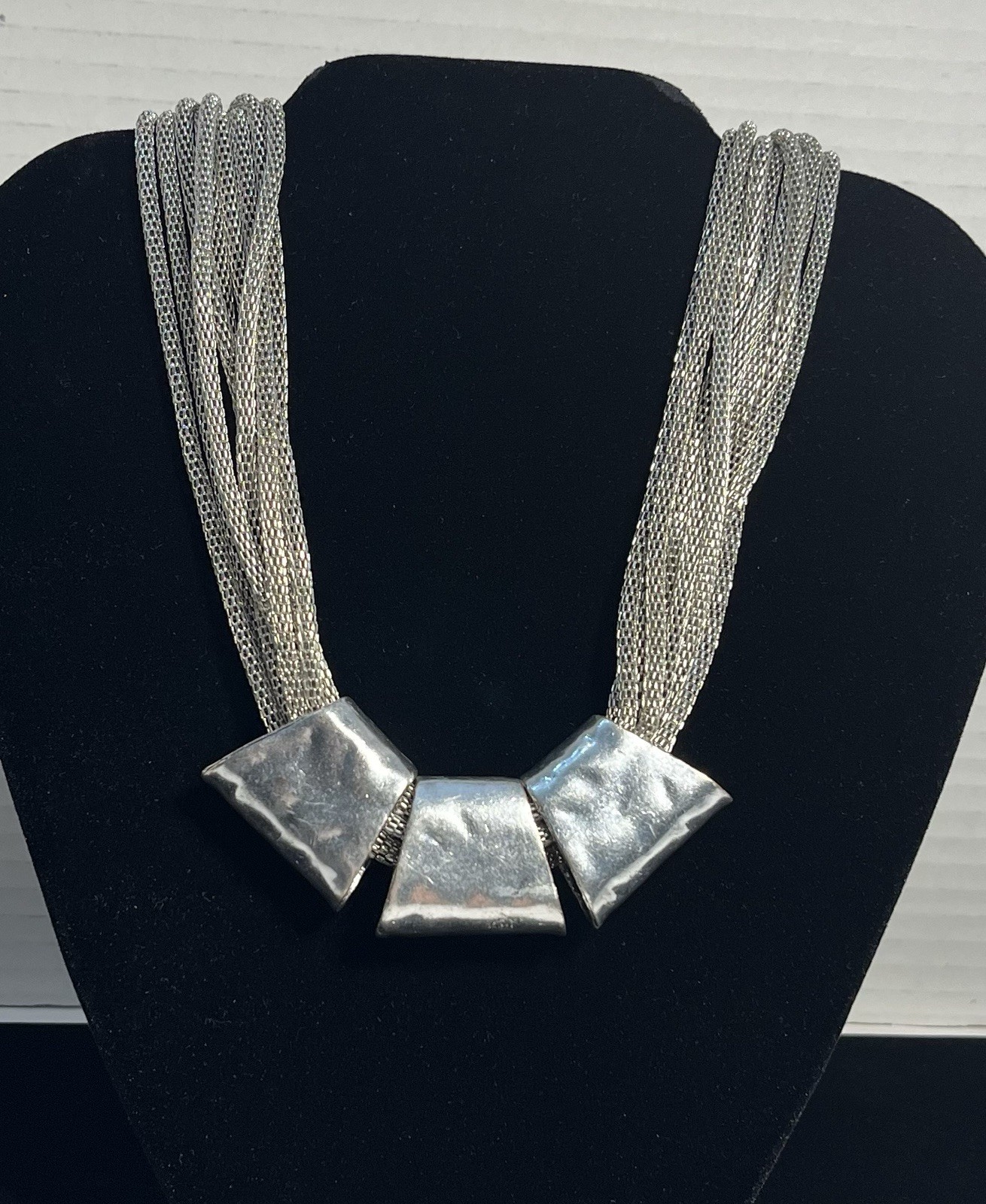 Silver-Toned Statement Necklace Multi-Strand Mesh Chains Trapezoid Pendants