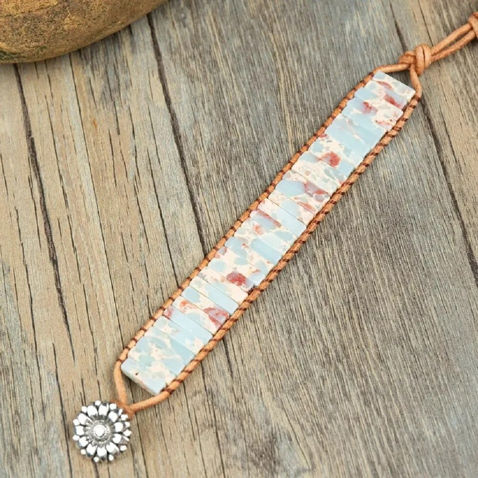 Natural African Opal Tube Stone Braided Gemstone Bracelet Adjustable Boho Gift