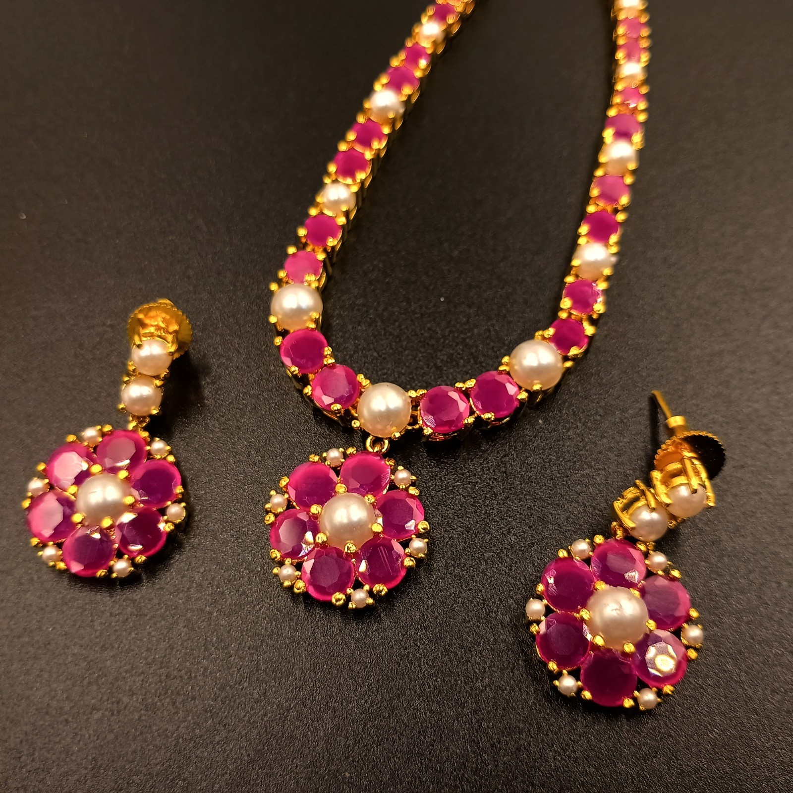22k Gold Plated Ruby Pearl Choker Necklace Set Boho Handmade Artisan Gift For He