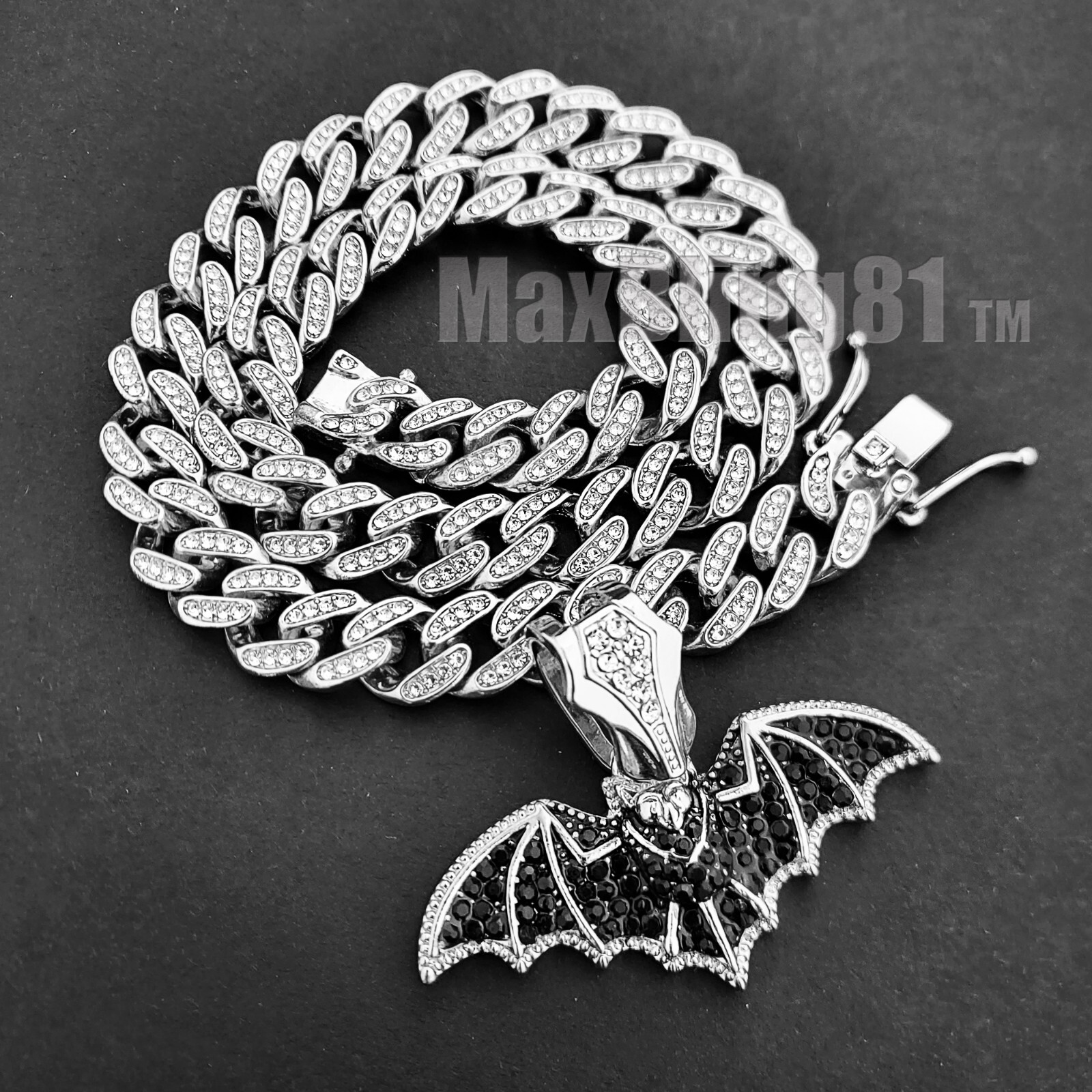 Silver Plated Alloy BAT Pendant Iced Cuban Cubic Zirconia Hip Hop Chain Necklace