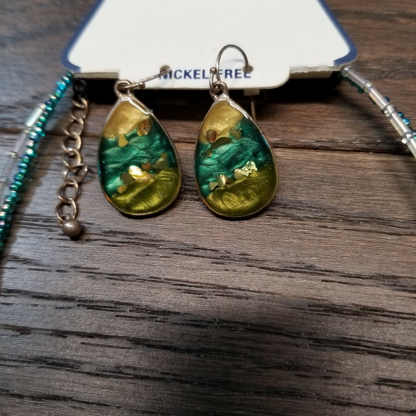 Croft & Barrow Necklace & Earrings Iridescent Green Gold Tear Drop Nickel Free