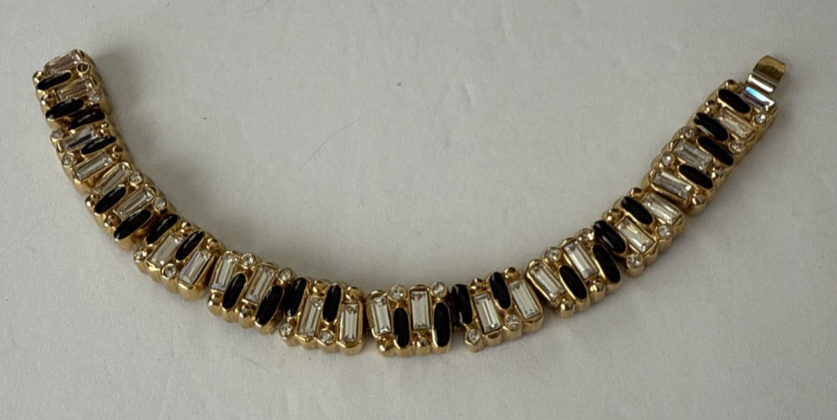 St. John Couture Bracelet Gold Tone Black Enameled & Rhinestone Baguettes 7.75”