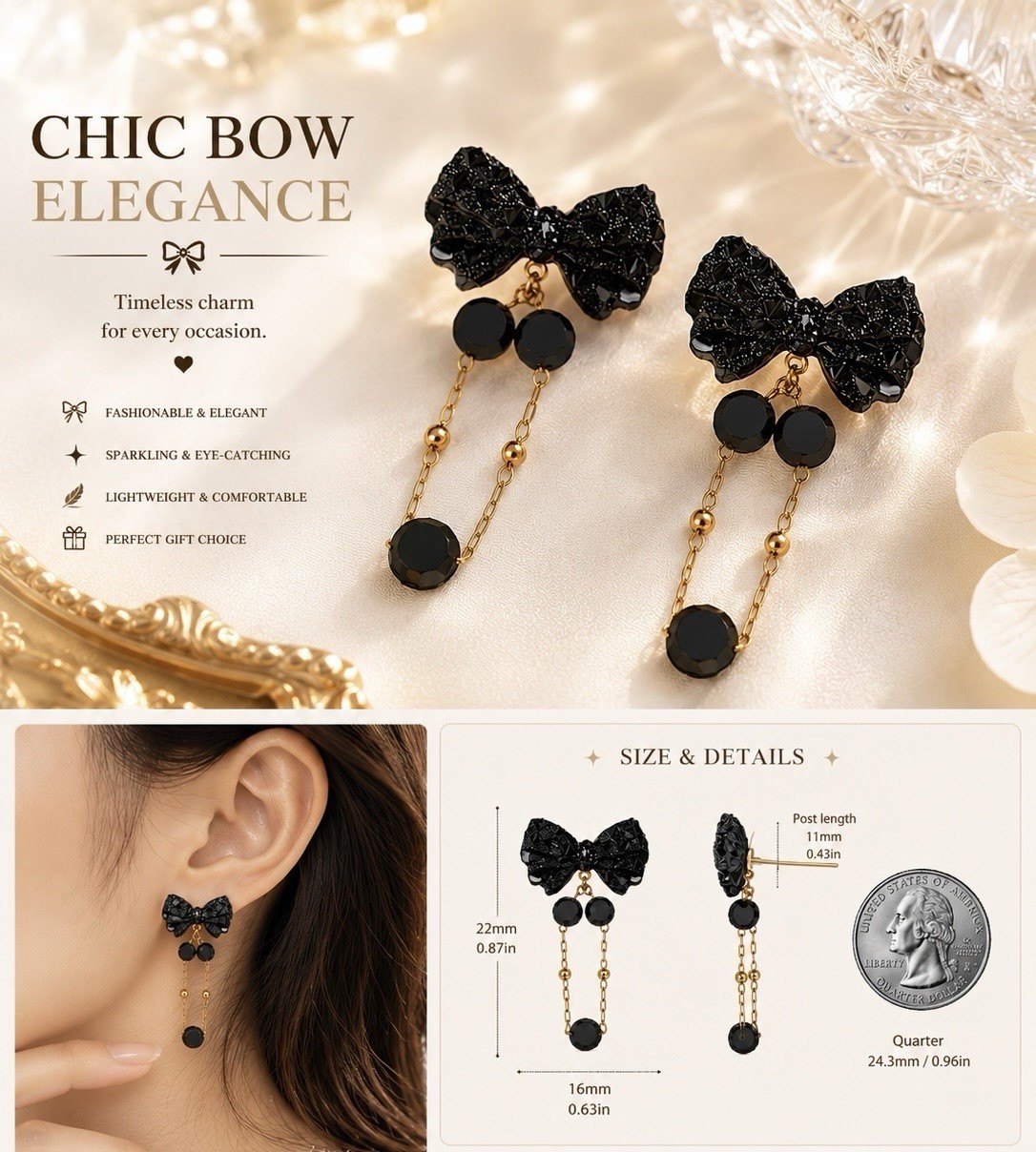 Black Bow Dangle/Drop Earrings w/ Gold Tone Chain | Butterfly Back | 4 cm