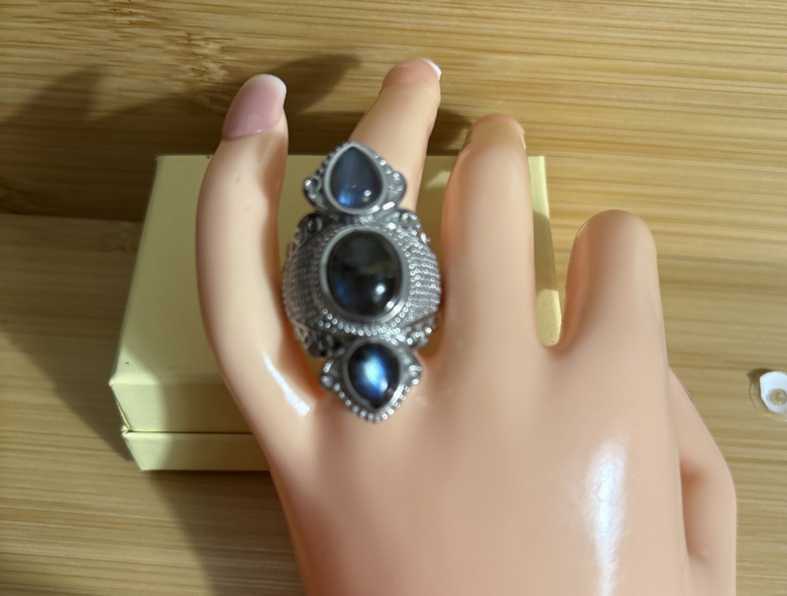 MALAGASY LABRADORITE SOLITAIRE 3 stone RING STAINLESS STEEL SIZE 7 -ctw 10.00