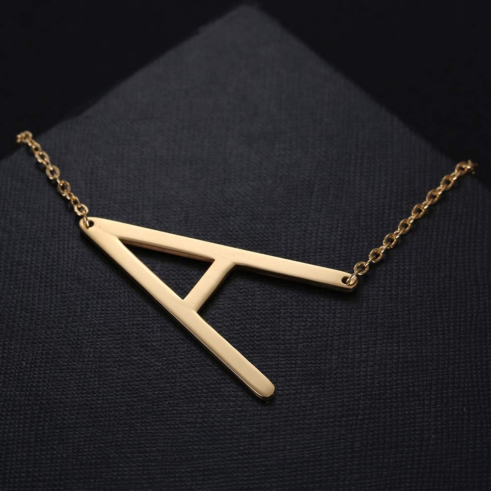 Sideways Initial Necklace 18K Gold Plated Stainless Steel Large Letter Pendant