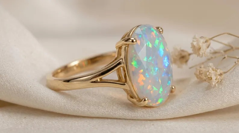 Oval White Fire Opal Ring Minimalist Statement Engagement Ring for Woman