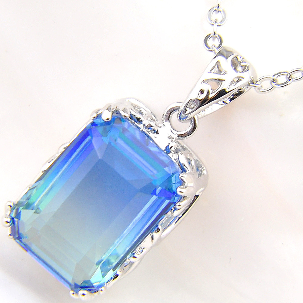 Holiday Handmade Rectangle Sky Blue Bi-color Tourmaline Silver Necklace Pendants