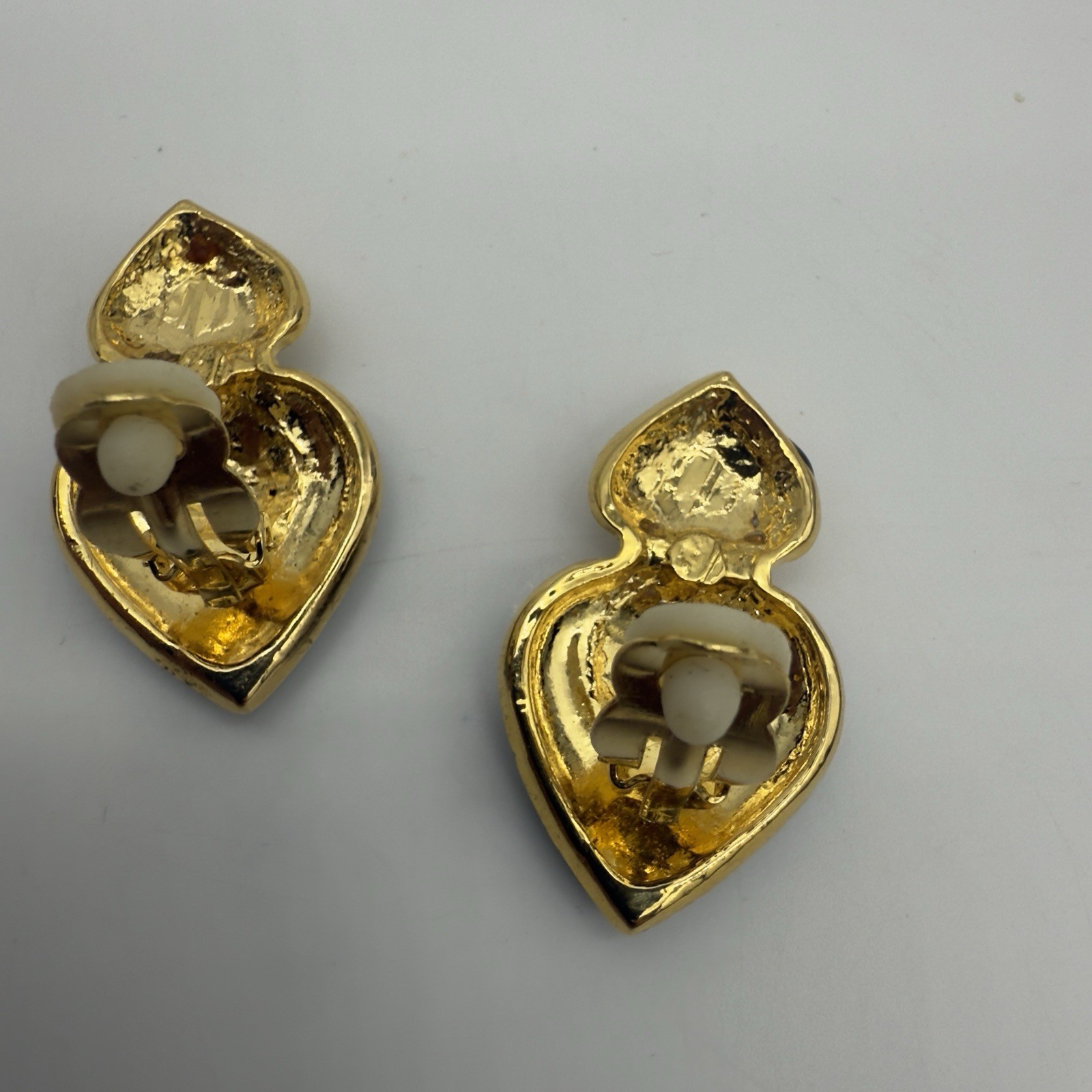 Vtg Pave Rhinestone Heart Earrings Faux Pearl Black Enamel Unsigned Designer