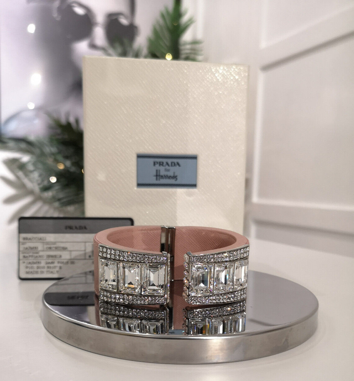 Prada Saffiano Leather Crystal Cuff Bracelet in Rose Pink RRP £895.00 New
