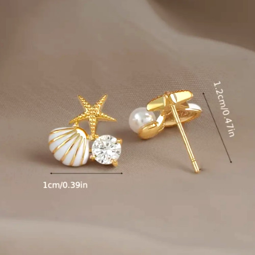 Dainty Seashell Earrings Starfish Rhinestone Pearl Pierced Beach Jewelry Pretty
