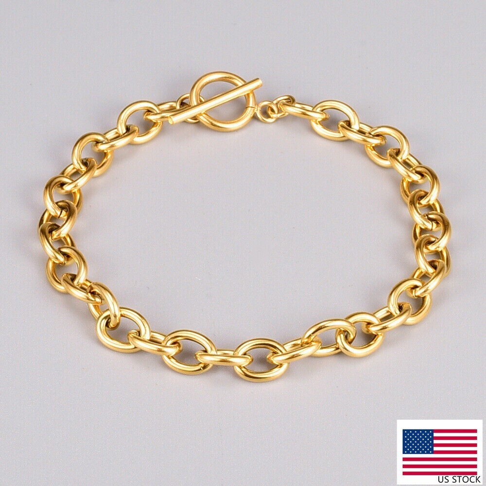 Woman Gold Plated Stainless Steel Rolo Link Chain Bracelet Bangle Toggle Jewelry