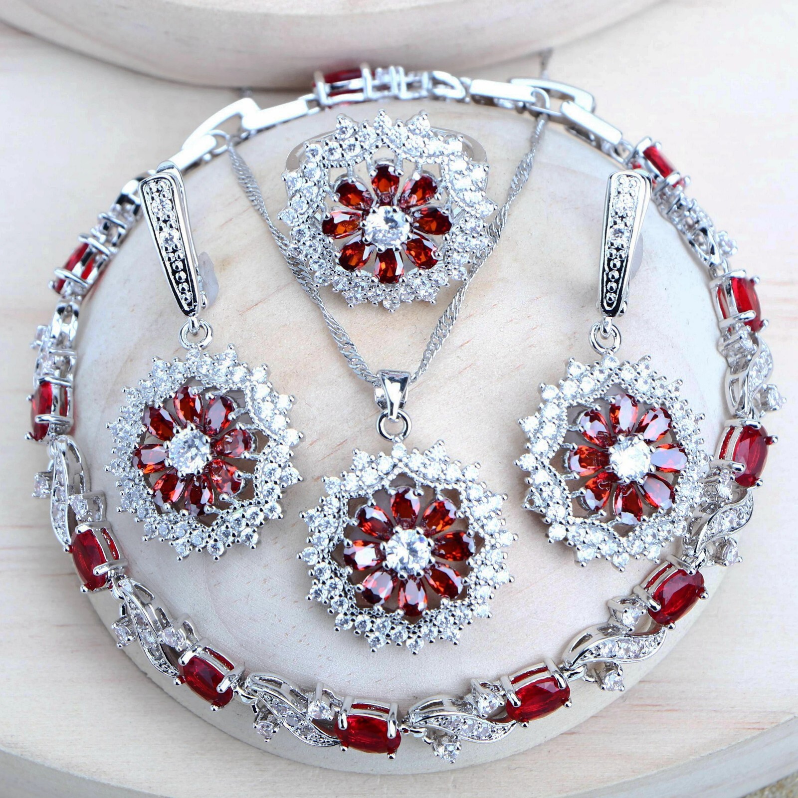 925 Silver CZ Red Garnet Ring Earrings Bracelet Pendant Necklace Set