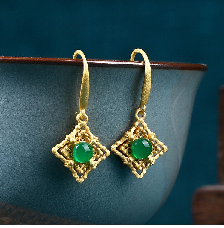 Green Jade Drop Dangle Earrings Hollow-carved Gemstone Ear Hook 18K Gold Plated