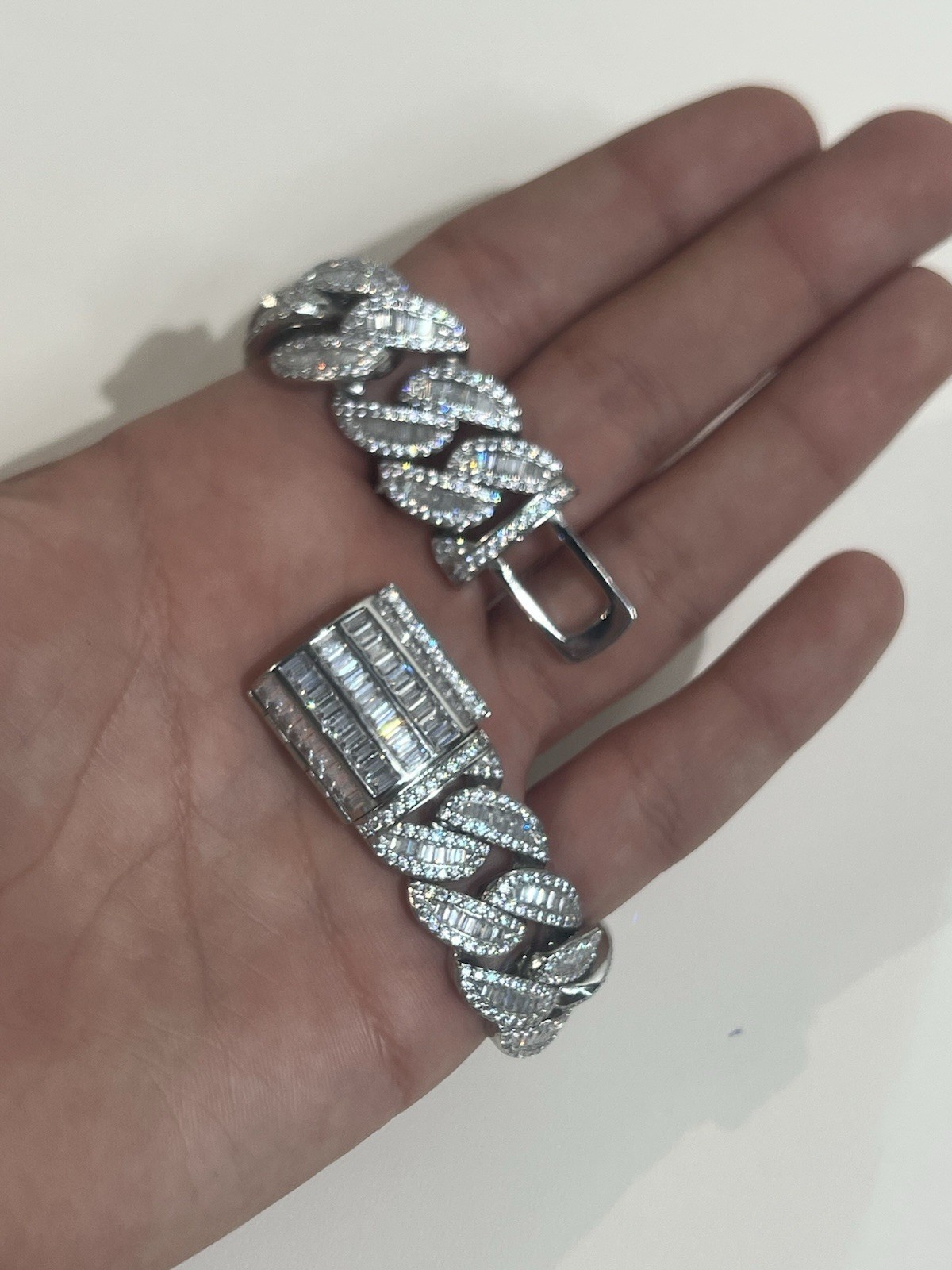 Iced Out Cuban Link Bracelet Cubic Zirconia CZ Silver Tone Baguette Clasp