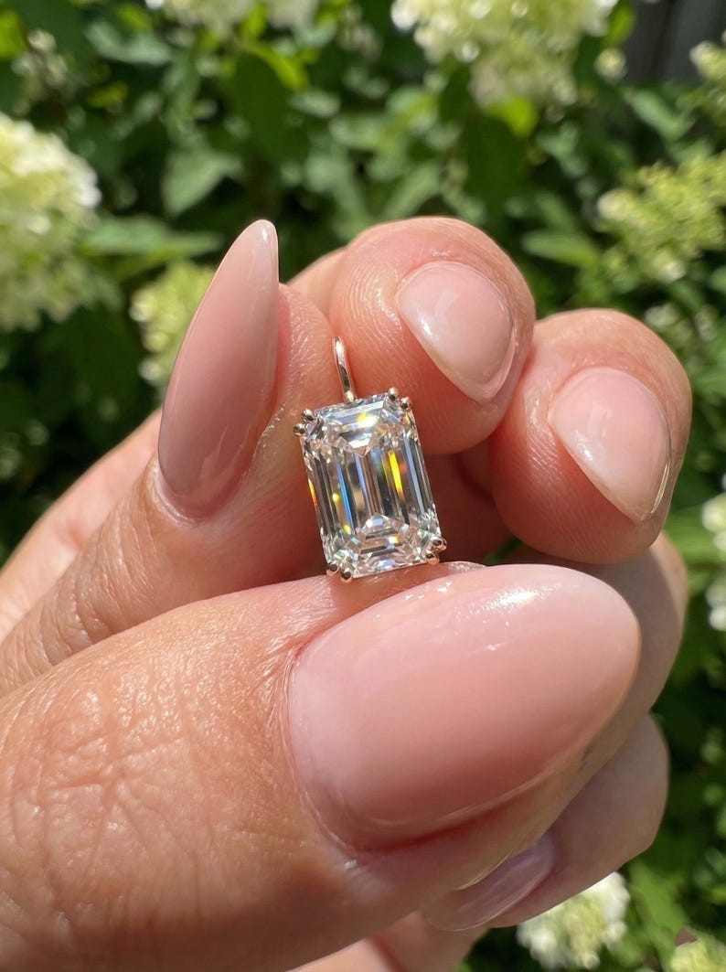 Solitaire Emerald Cut Moissanite Double Prong 10k Solid Gold Pendant For Her