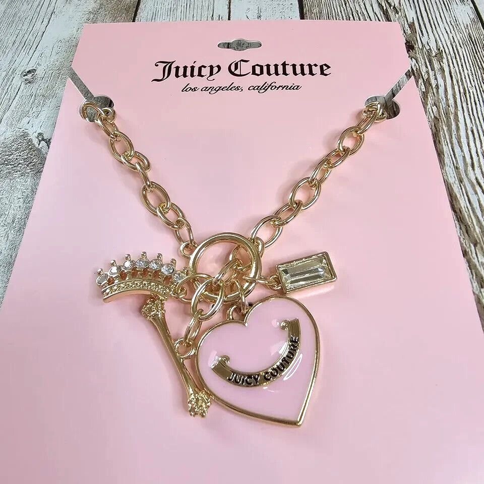 Juicy Couture Pink Enamel 1″ Heart Charm Crown 17″ Toggle Pendant Necklace NWT