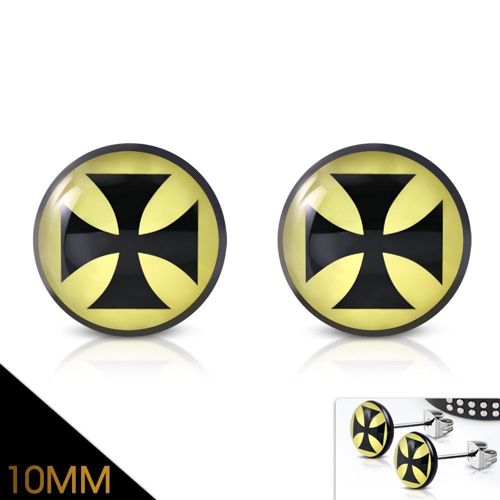 10mm Stainless Steel Acrylic 3 tone Pattee Cross Round Circle Stud Earrings Pair