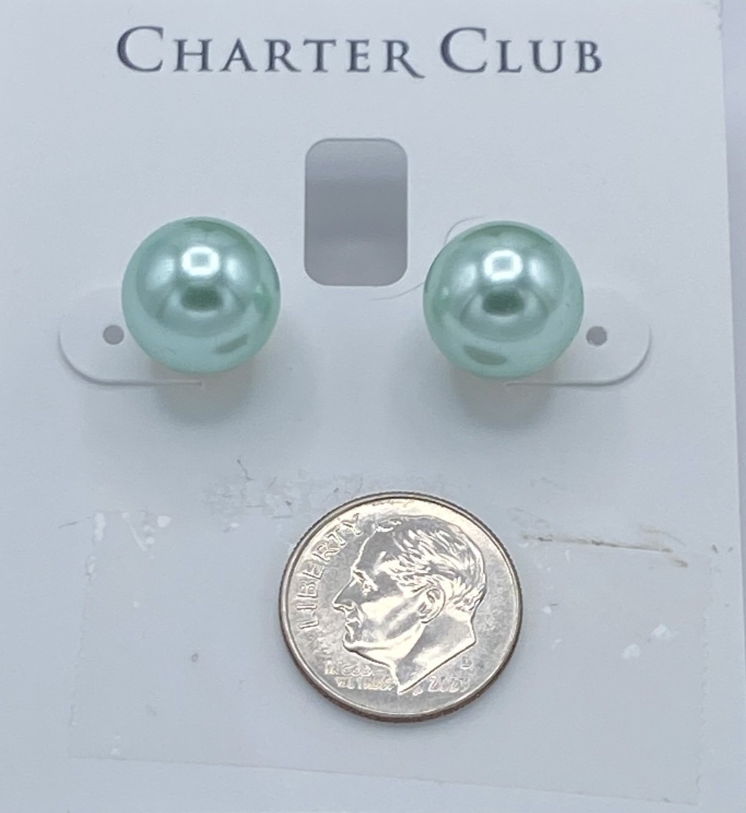 Charter Club Gold Tone Mint Green Imitation Pearl Stud Earrings 10 mm NOS