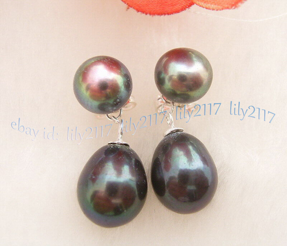 Genuine Natural 7-8mm 9x11mm Black Tahitian Pearl Silver Stud Dangle Earrings