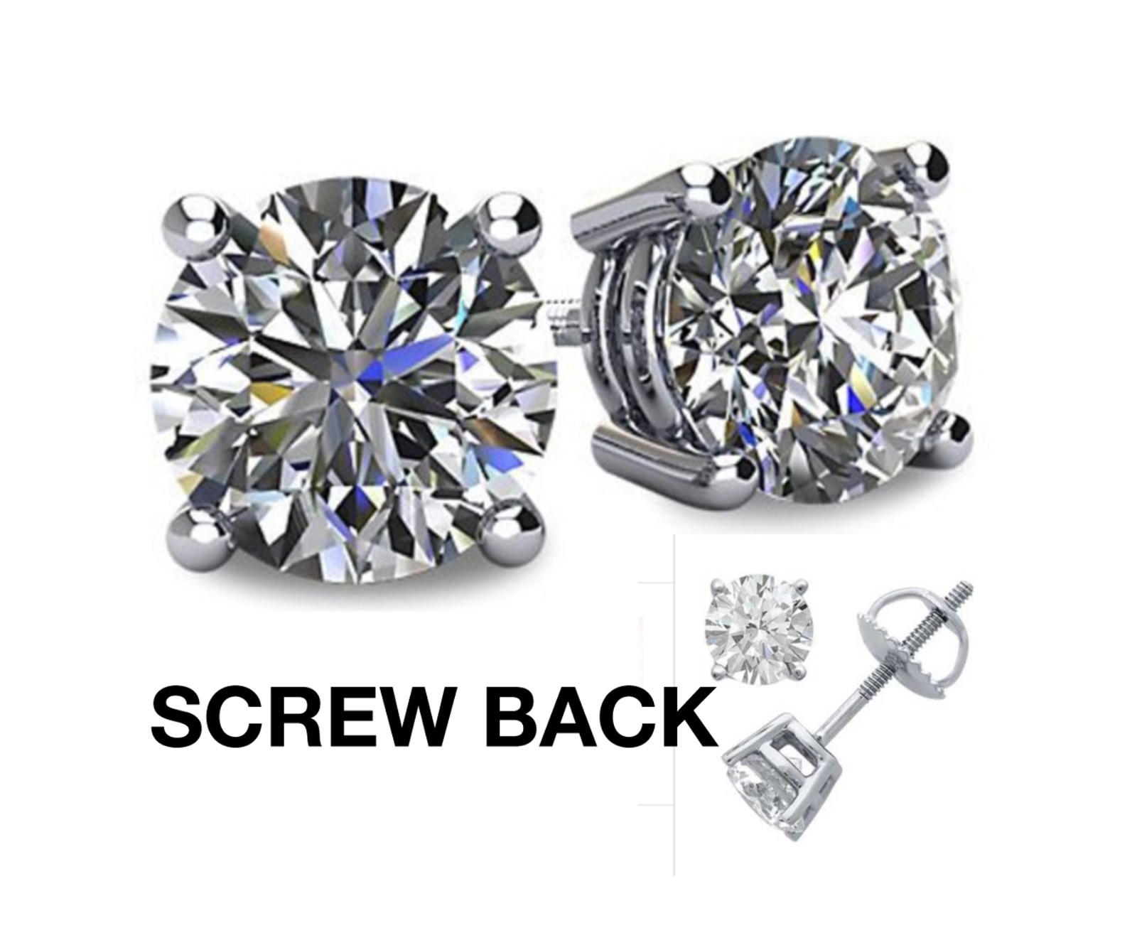 2CT Created Diamond 14K White Gold Round Cut Screw-back Stud Earrings