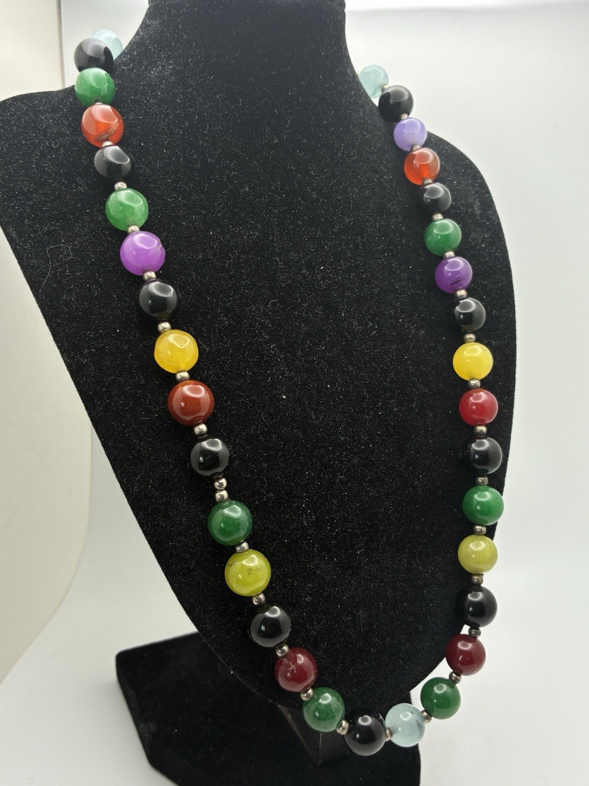 Multi Color Glass Beaded Necklace Silver Tone Clasp 20” Yellow Green Black Red