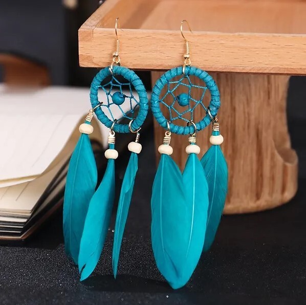 Blue Bohemian Earrings Dream Catcher Feather Earrings – Boho Long Tassel Stylish