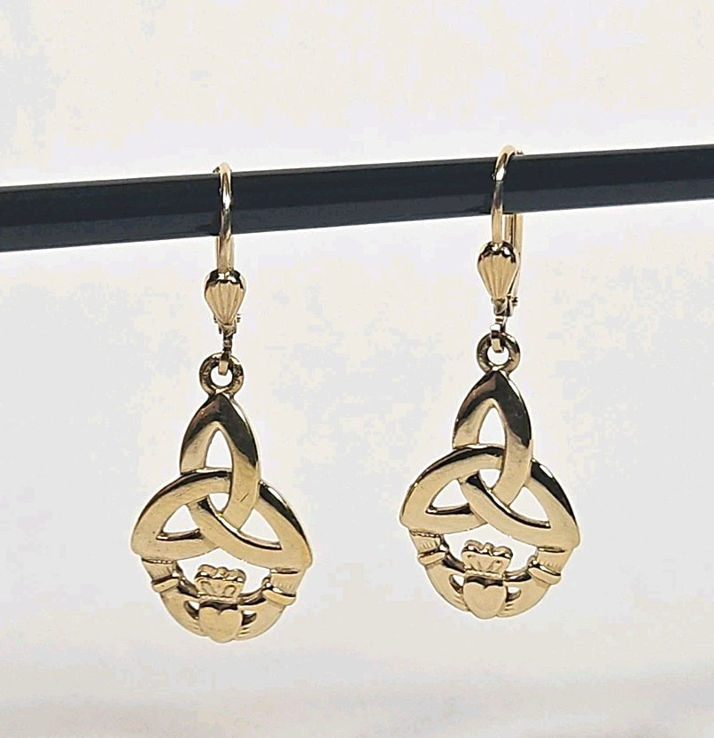 Triquetra Claddagh Earrings Celtic Dangle Drops Pierced Gold tone Signed Soldor