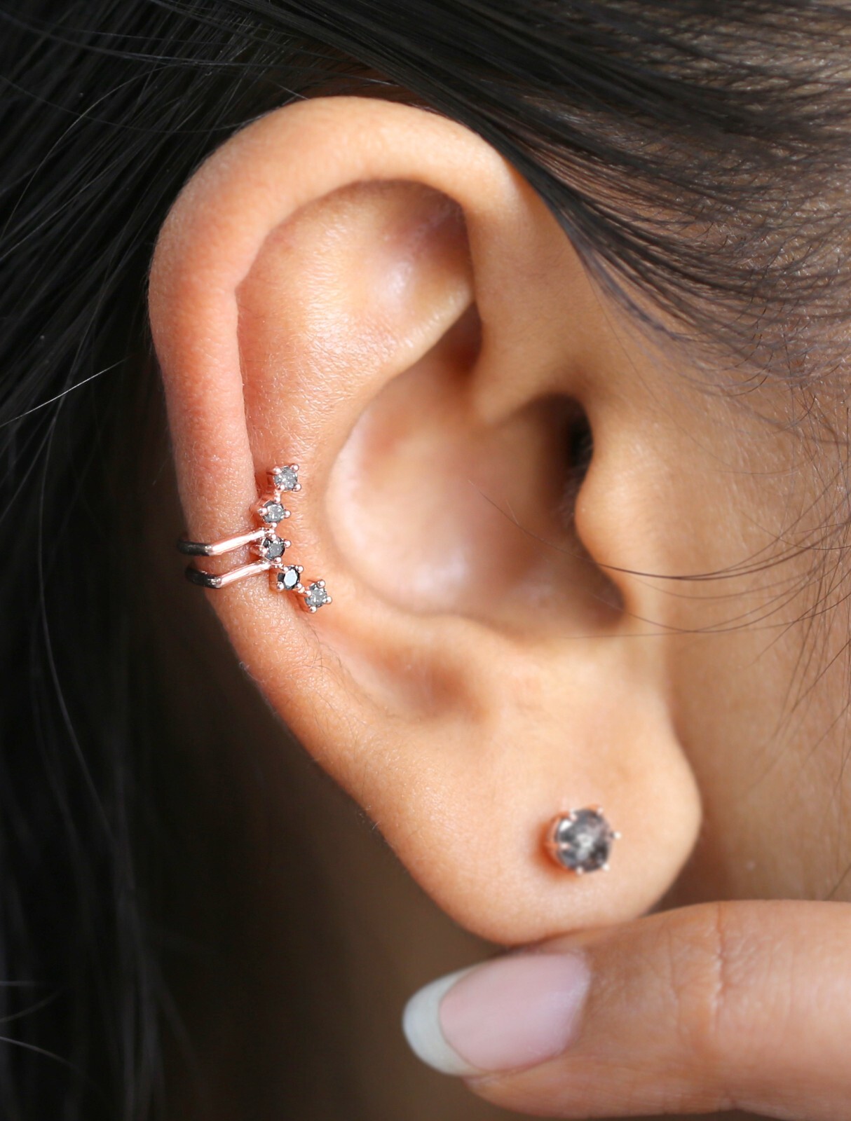 Round Black Grey Diamond Ear Cuff 14K Rose White Yellow Gold Ear Cuff KD1070