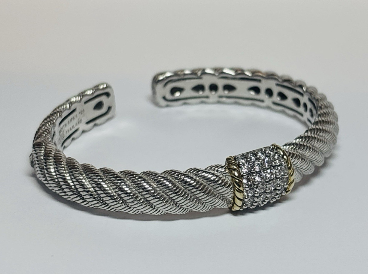 Judith Ripka Sterling 925 Silver Two Tone CZ Cable Cuff Bracelet 6 in-.95