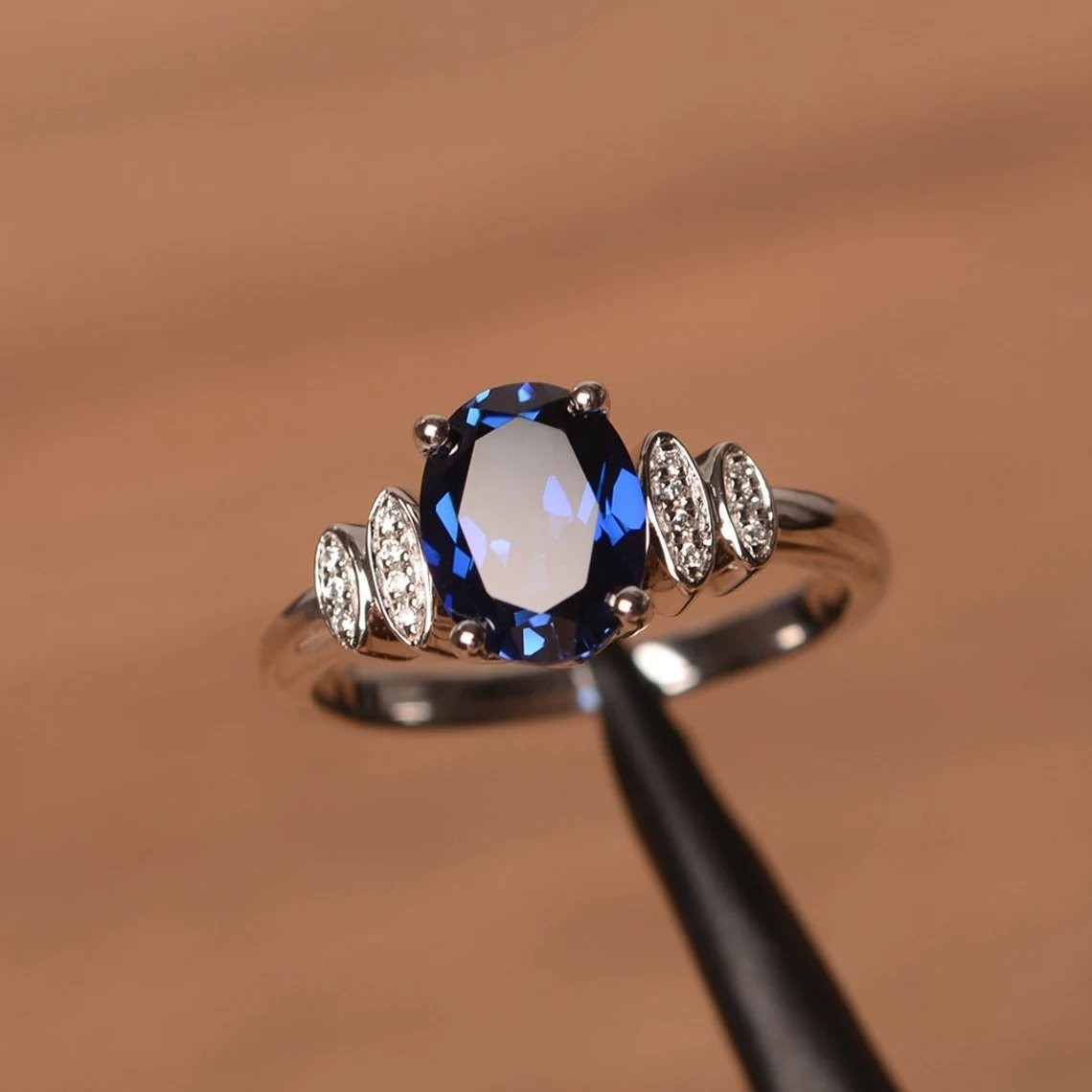 2CT Sapphire Lab Created Oval Gemstone 925 Silver Plated Cocktail Ring Duty Free